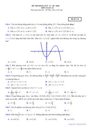 Đề thi khảo sát môn Toán Lớp 12 - Mã đề 143 - Năm học 2019-2020